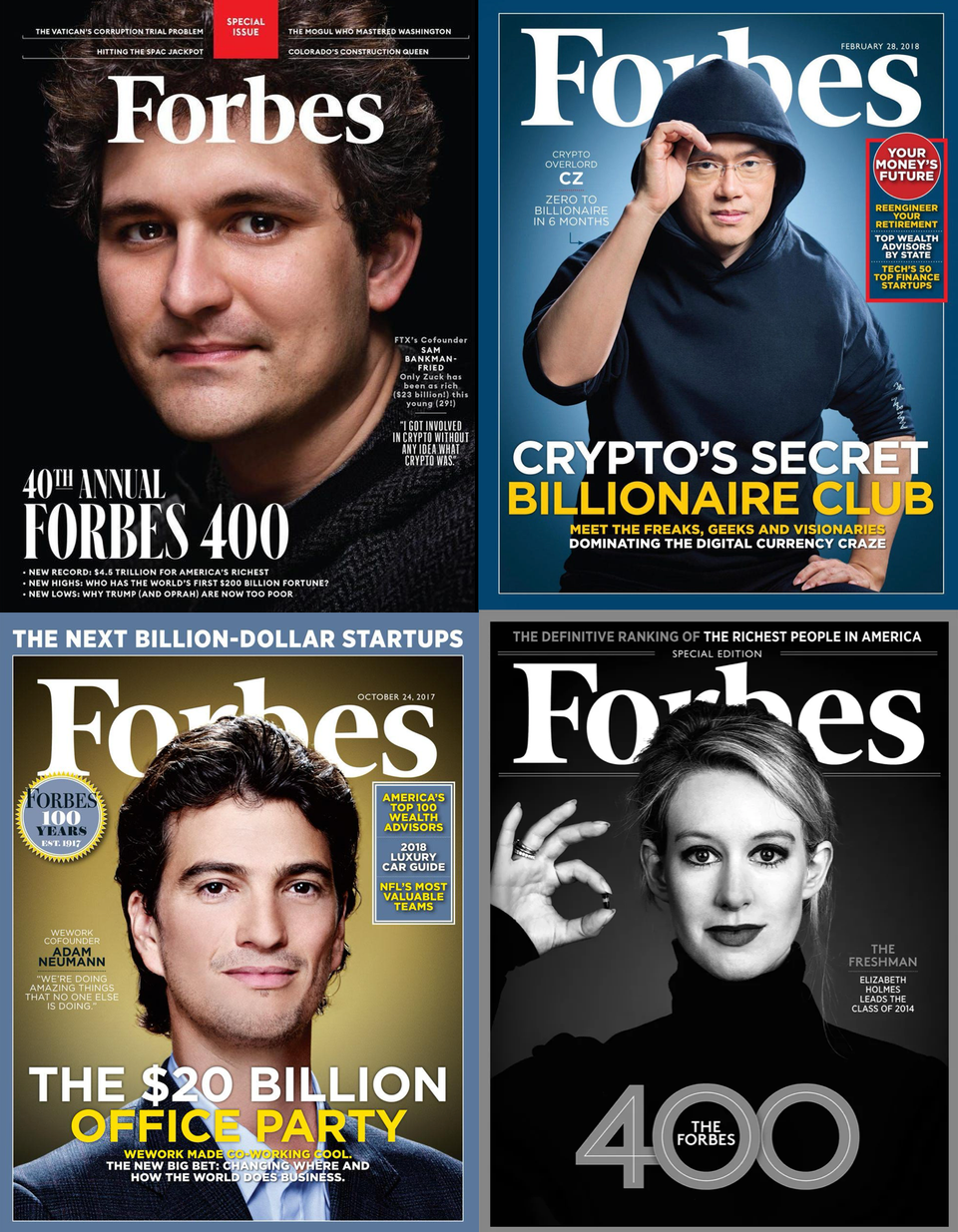 Four Forbes business magazines, each with celebrated tech CEOs who have in different ways disgraced their companies.